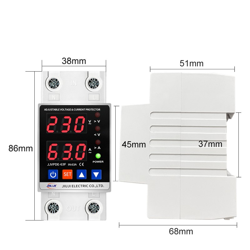 DIN-Schienen Überspannungsrelais TVPS1-63 – 230V, 63A, Einstellbarer Über-/Unterspannungsschutz, Überstromschutz, Dual-Display (Spannung & Strom)