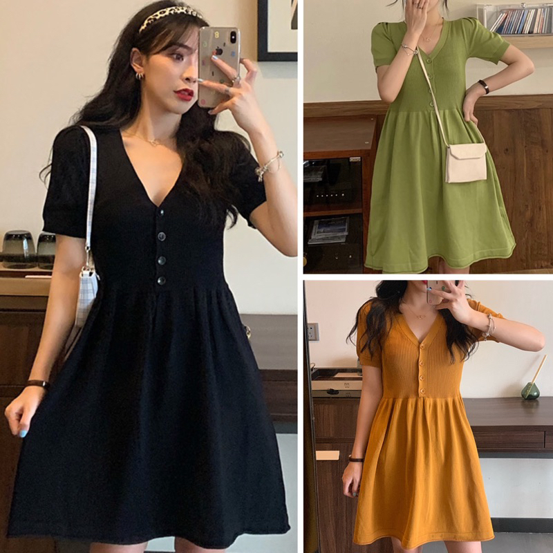 #9960 Korean Knitted Plain V-neck Casual Dress | Shopee Philippines