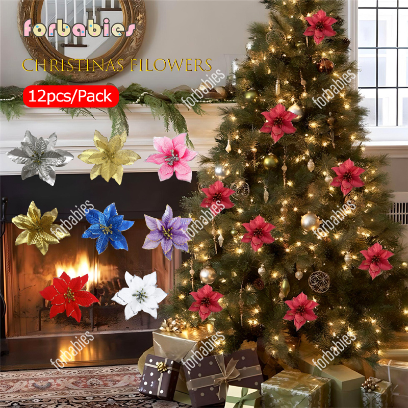 12PCS Christmas flowers Poinsettia Christmas tree decor RED Artificial ...