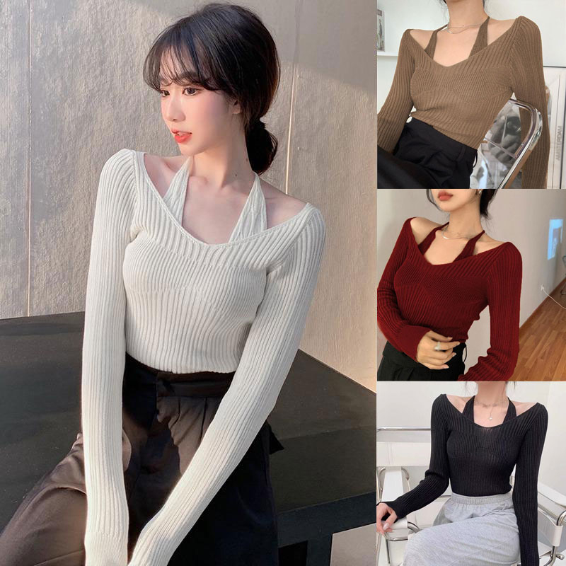 Zmkovms Knitted Sweater Solid Color Long Sleeve Short Off Shoulders ...