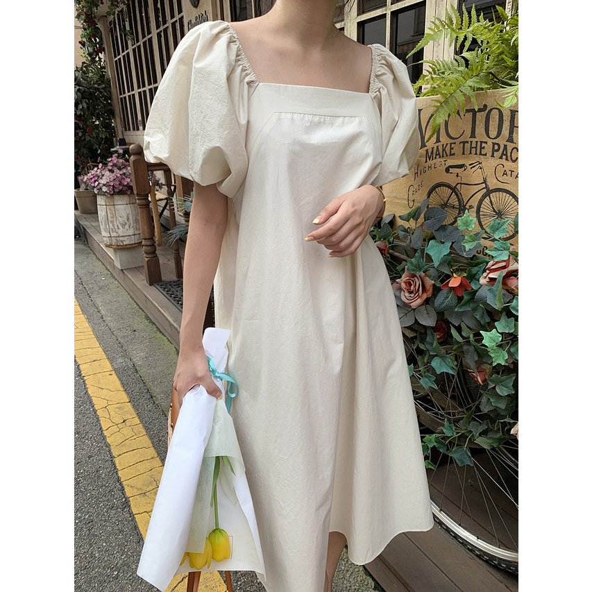 A3150 Melody Fashion Square Neck Puff Sleeve Solid Loose Dress | Shopee ...