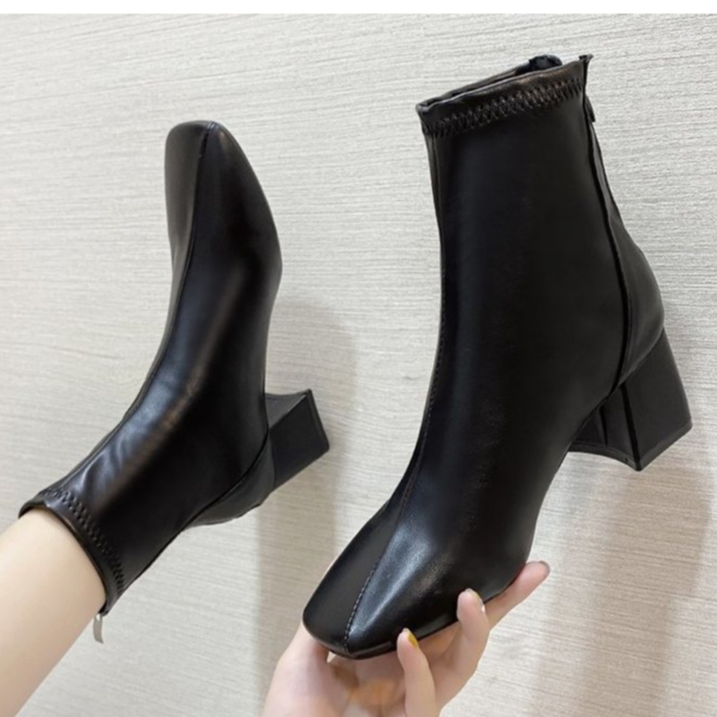 JY. Ladies Black Boots 5CM Waterproof PU Leather Boots W/Box B355