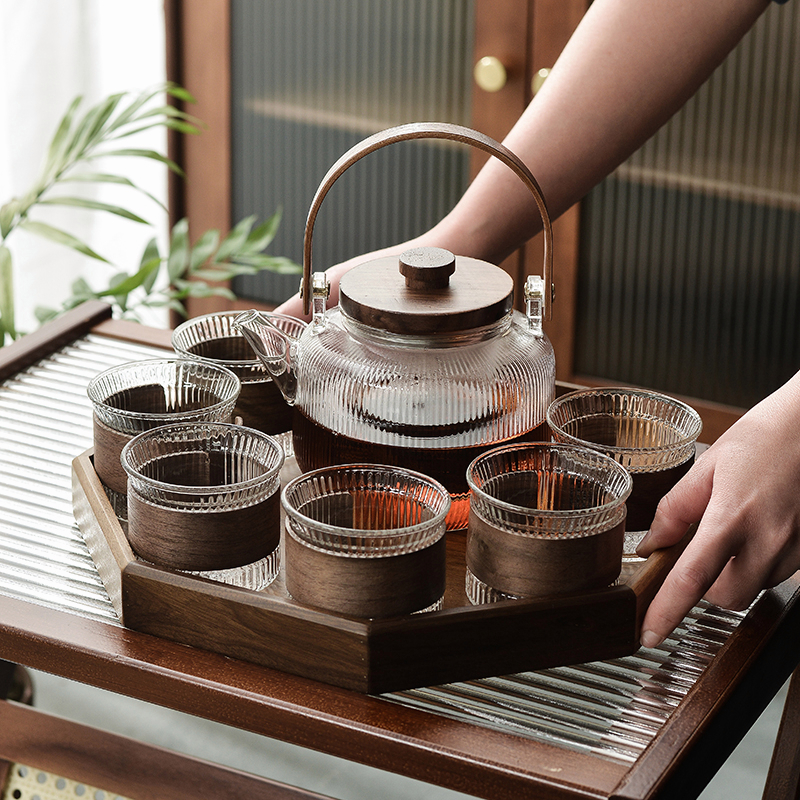 Glass teapot kettle with Lid, water cup with walnut cup sleeve and wood
