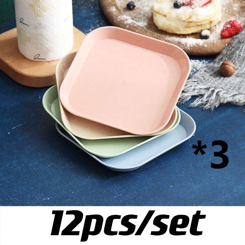 12pcs Plate Set with Base Kitchenware Plastic wooden design Square ...