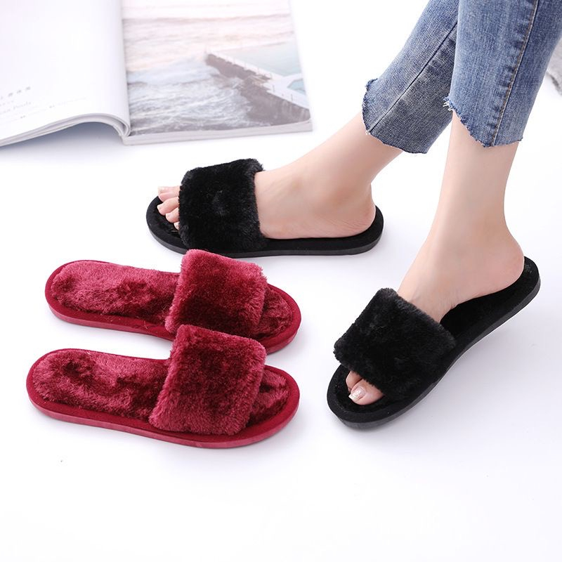 Home Women Shoes Winter Warm Slippers Fur Slides Solid Slip On