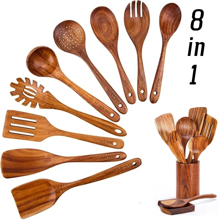 8 in 1 Eco FriendlyBamboo Kitchen Utensil Set Tool Kitchenware (Bamboo Utensil Holder Included