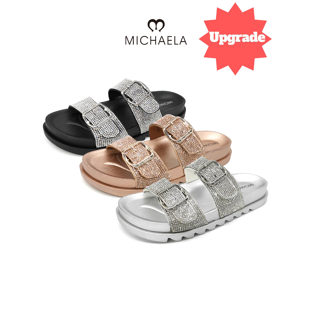 MICHAELA Rhinestones Thicken Flat Sandals Double Straps Buckles