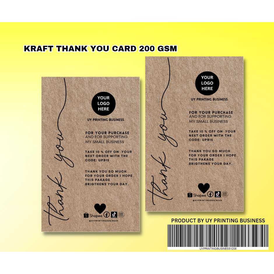 KRAFT PAPER THANK YOU CARD 230 GSM Shopee Philippines