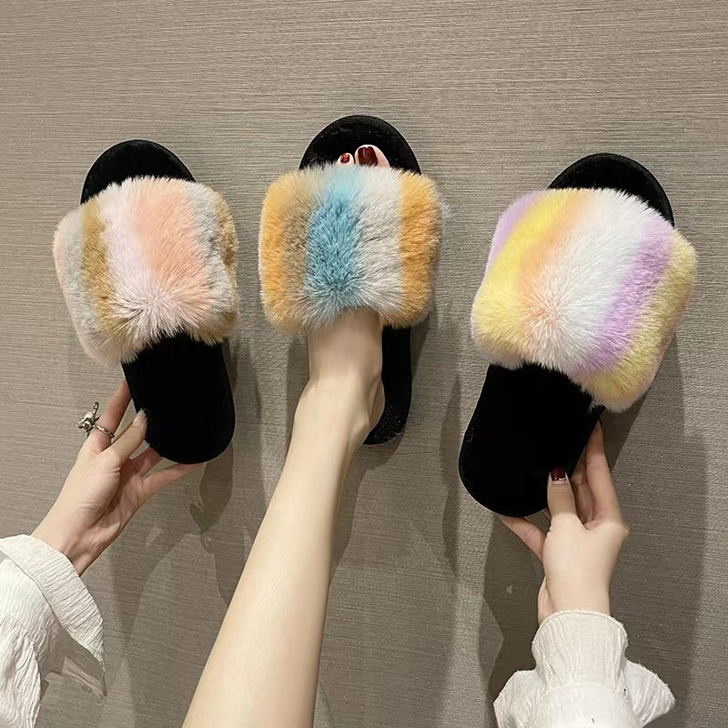 T-17 new color imitation rabbit hair flip-flops women's home warm ...