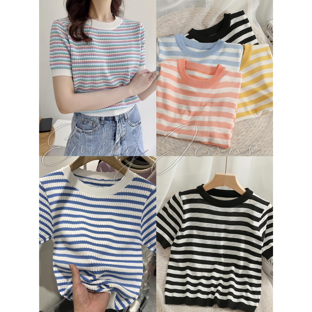 EMILY Striped Round Neck Knitted T-Shirt Blouse New Tend | Shopee ...