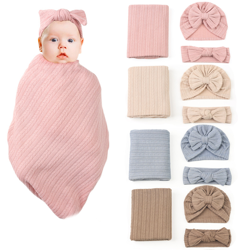Baby Swaddle Headband Hat Set 3PCS Newborn Receiving Blanket Shower Gift Photography Props for