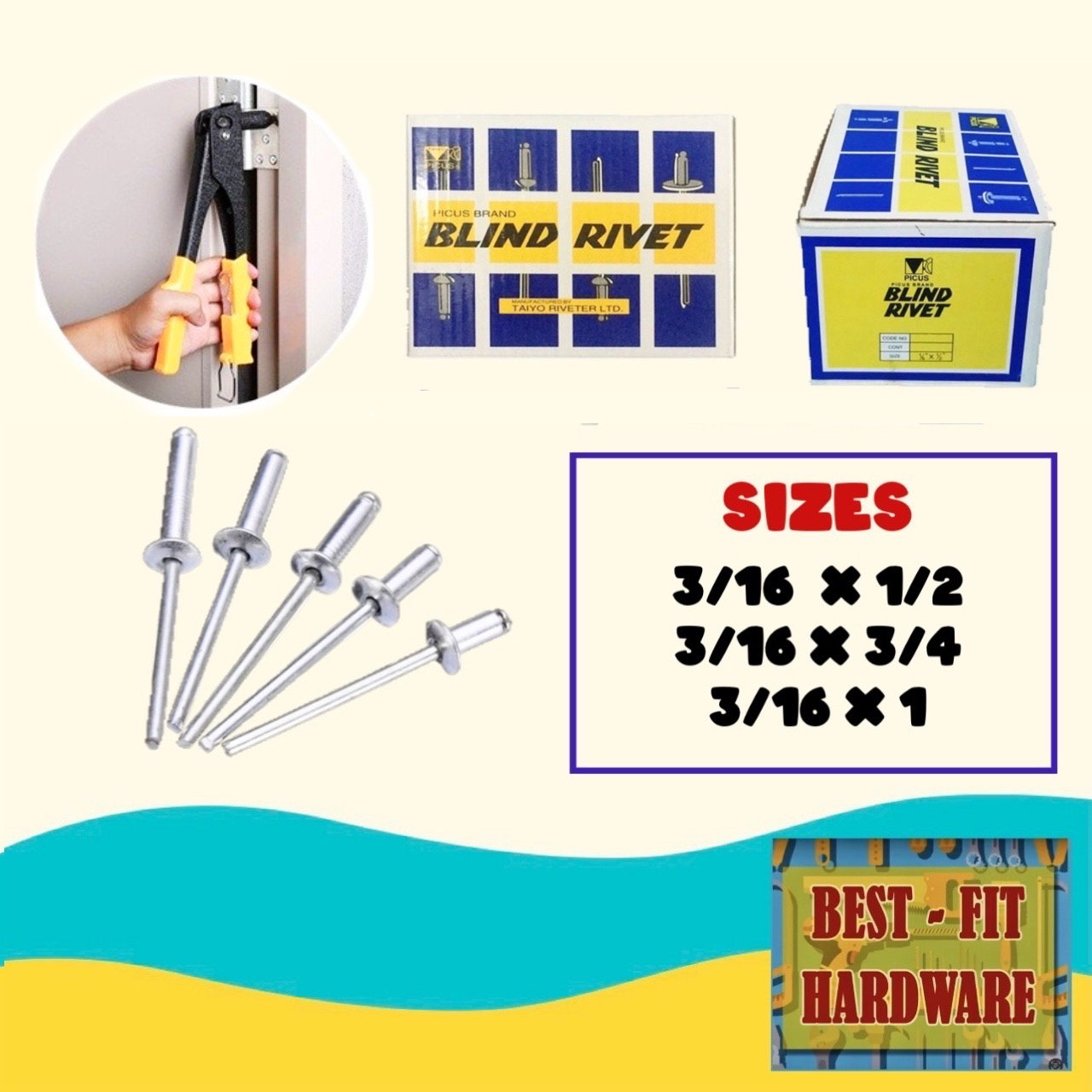 BLIND RIVETS 3/16 = 1/2 3/4 1 INCH SOLD PER BOX for HAND