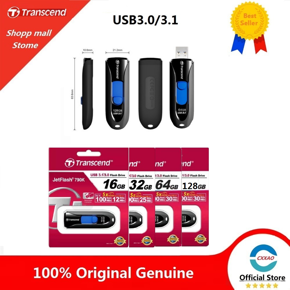 (COD) Transcend JetFlash 790K USB 3.0/3.1 Flash Drive 16GB 32GB 64GB ...