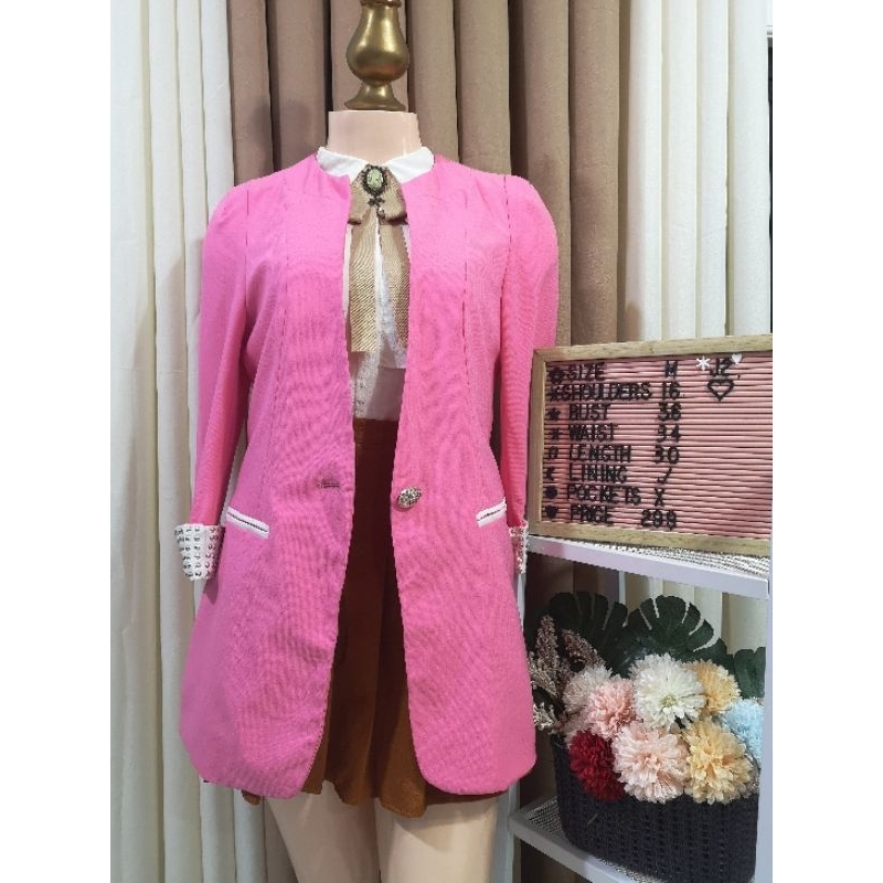 Pink blazer, long blazer, red blazer, orange, maroon, pink, rust, burnt orange, peach blazer