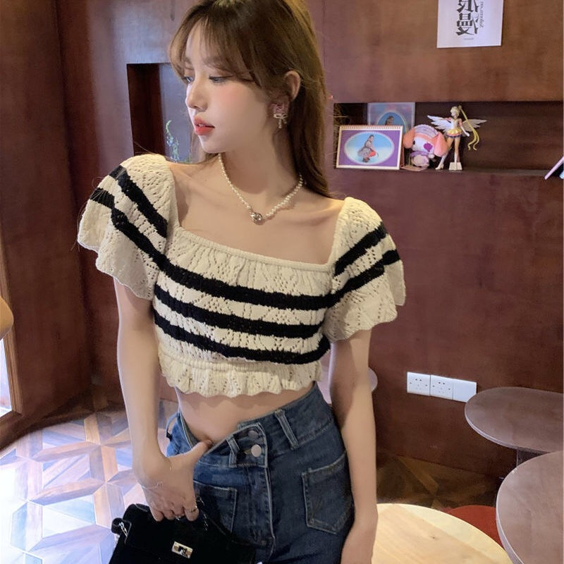 Riya Fashion cute stripe summer knitted top semi crop top square neck