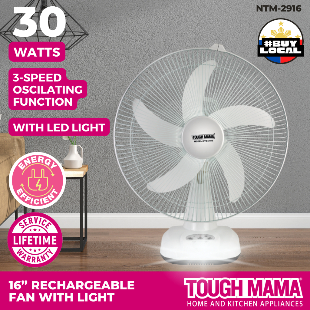 Tough Mama Ntm-2916 Rechargeable White 16” Electric Desk Fan With Light 