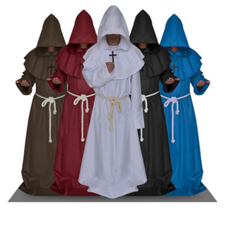 Men Black Long Cloak Hooded Robe Knight Medieval Halloween Cosplay Hood  Cloak