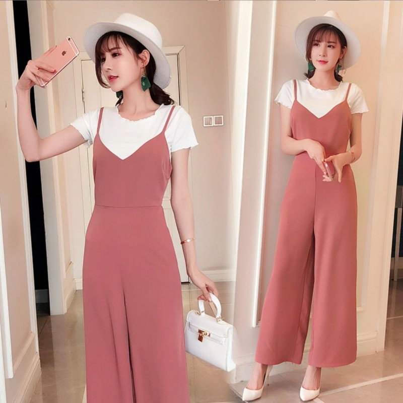 Women's casual suspender jumpsuit solid color wide leg soft linen