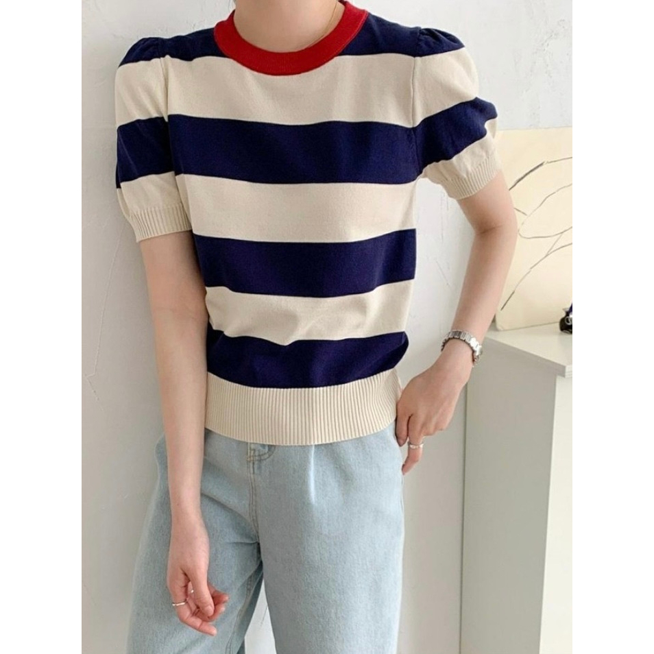 Jolly Chic Big Stripe Pattern Color Trim Knitted Top M1021 | Shopee ...
