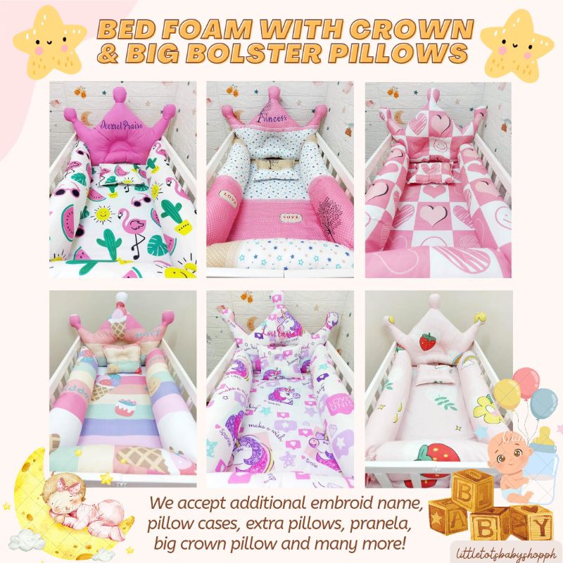 Baby Foam Bed with Big Bolster Pillows Set and Big Crown Pillow 22x36