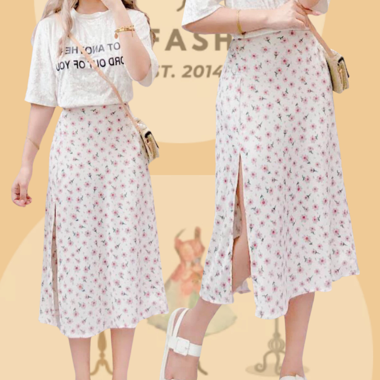 SnC Flowy Knitted Maxi Skirt Long Skirt High Slit Floral Korean OOTD Pinterest Outfit up to Large