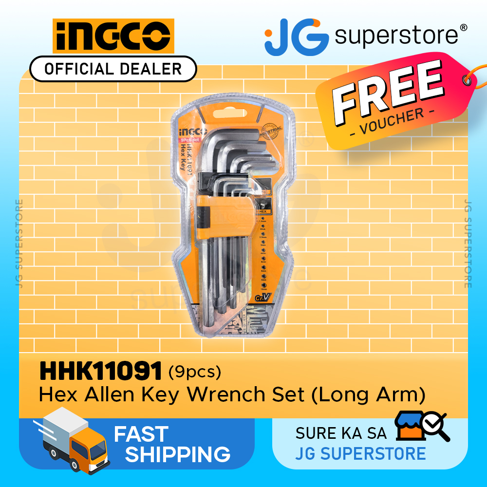 INGCO Hex Allen Key Wrench Set (Long Arm) (9pcs) CrV Material for Heat
