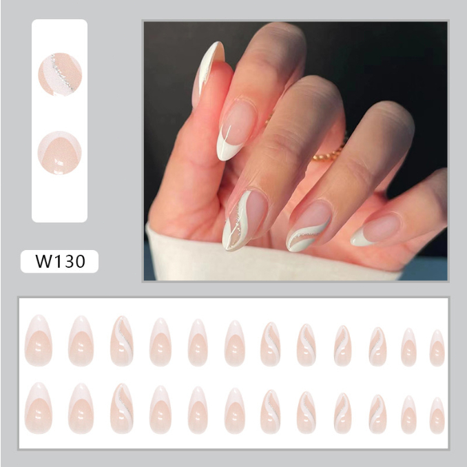 Almond shaped fake nails with glue French striped fake nail water ...