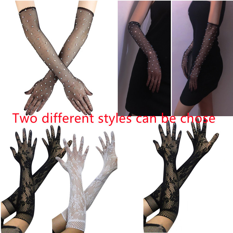 Black Hollow Shining Rhinestones Long Gloves Elastic Diamonds