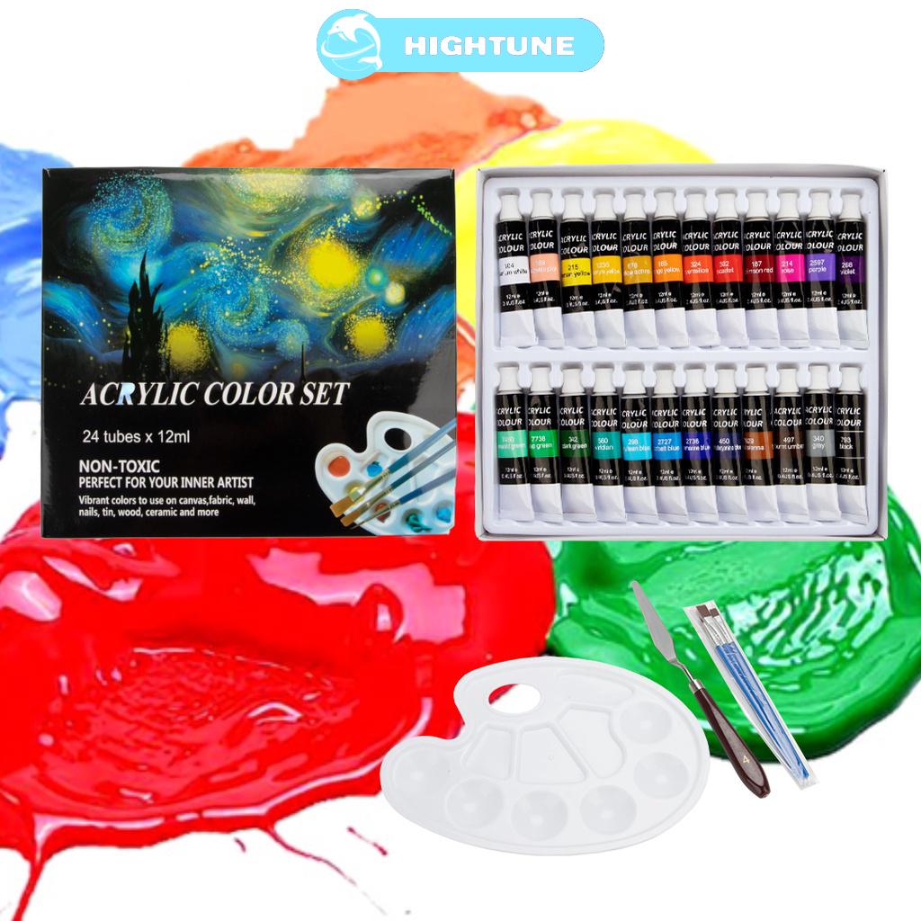 HIGHTUNE 12/24 Colors Acrylic Paint Set with Painting Tools (12ml per bottle)