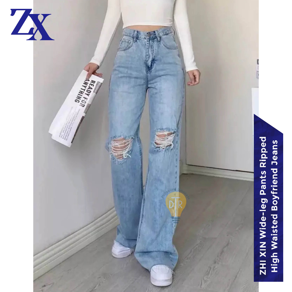 Cielo Jeans Fashion Casual Wide Leg Pants - Ripped High Waist Denim