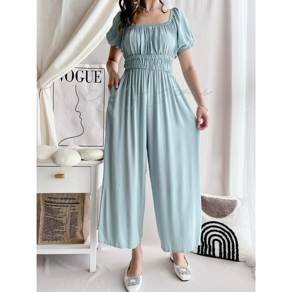 EMILY Puff Sleeve Jumpsuit Wide Leg Pants with Two Pocket New Trend ...