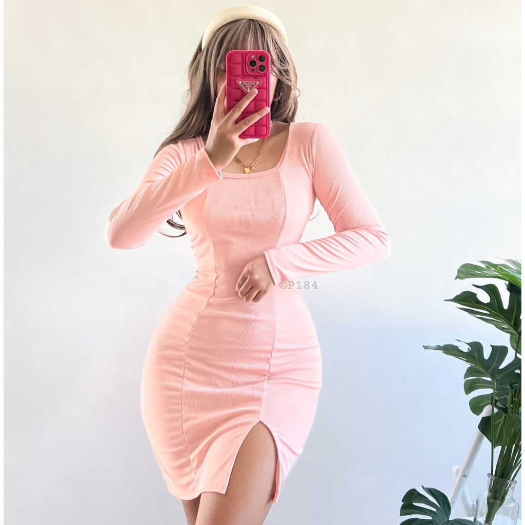 ASHLEY Square Neck Long Sleeves with Slit Mini Bodycon Dress Ally.Collection Shopee Philippines