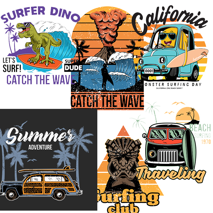IRON ON - SURFING Designs vol.1 A4 Size Ready to Press Digital Transfer ...