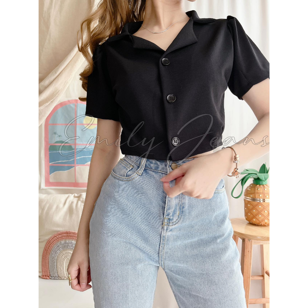 EMILY Lapel Collar Puff Sleeve Button Crop Top | Shopee Philippines