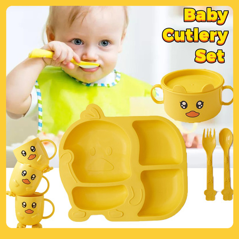 5pcs Little Yellow Duck Cartoon Cutlery Set Kids Cutlery Plate Set Baby