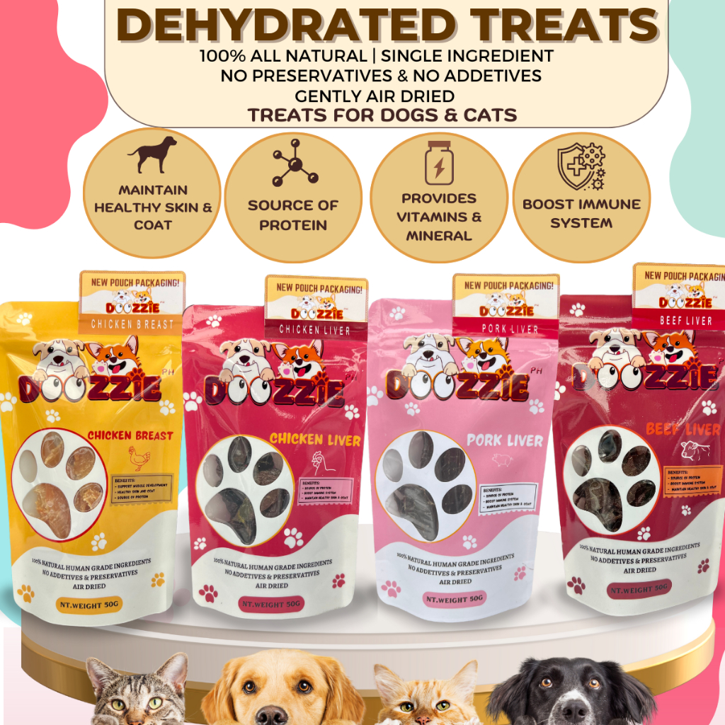 Doozzie 100 Natural Dehydrated Treats for Dogs & Cats (Chicken Liver, Pork, Beef, Chicken