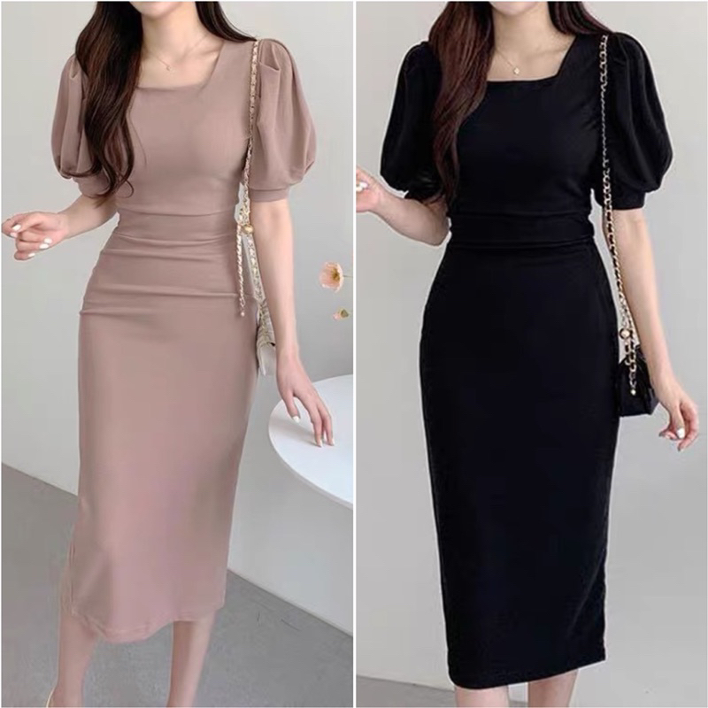 #23034 Korean Plain Puff Sleeve Bodycon Dress | Shopee Philippines