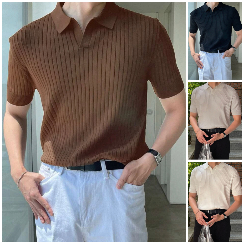 Korean Polo Shirt for Men Short Sleeve Stripe Lapel Neck Knit Fabric M ...