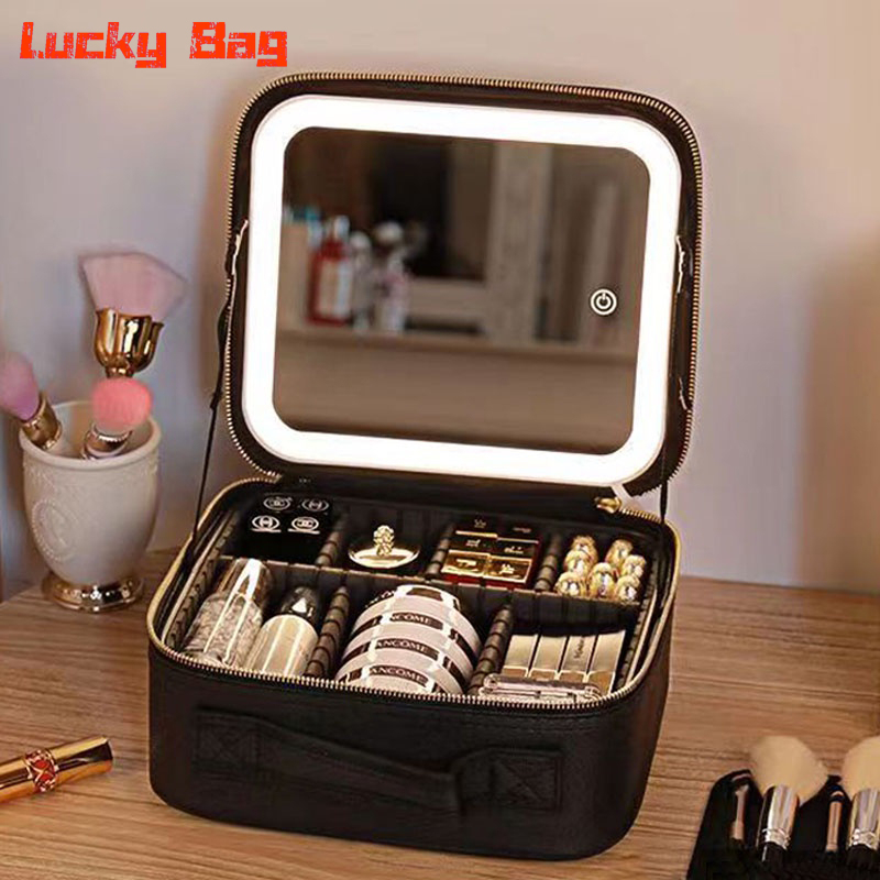 Fashion Makeup Bag With Mirror Tricolor LED Light Organizer Cosmetic