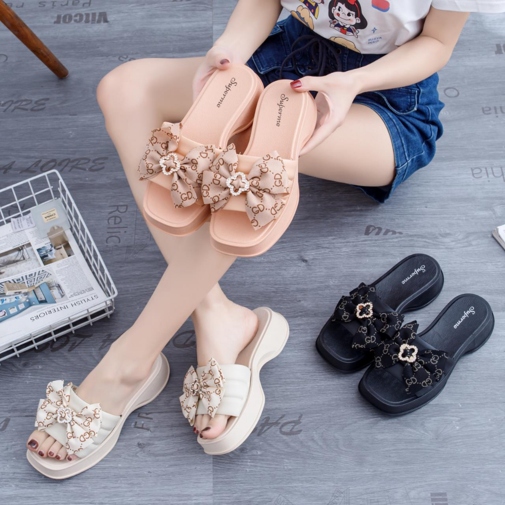 FF New Casual Heels Sandals Ribbon Design Slippers for Women | Shopee ...
