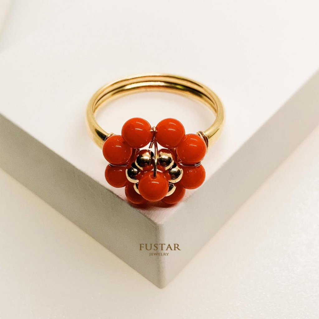 FUSTAR US 10K GOLD RED CORAL FLOWER RING HYPOALLERGENIC NON-FADE NON ...