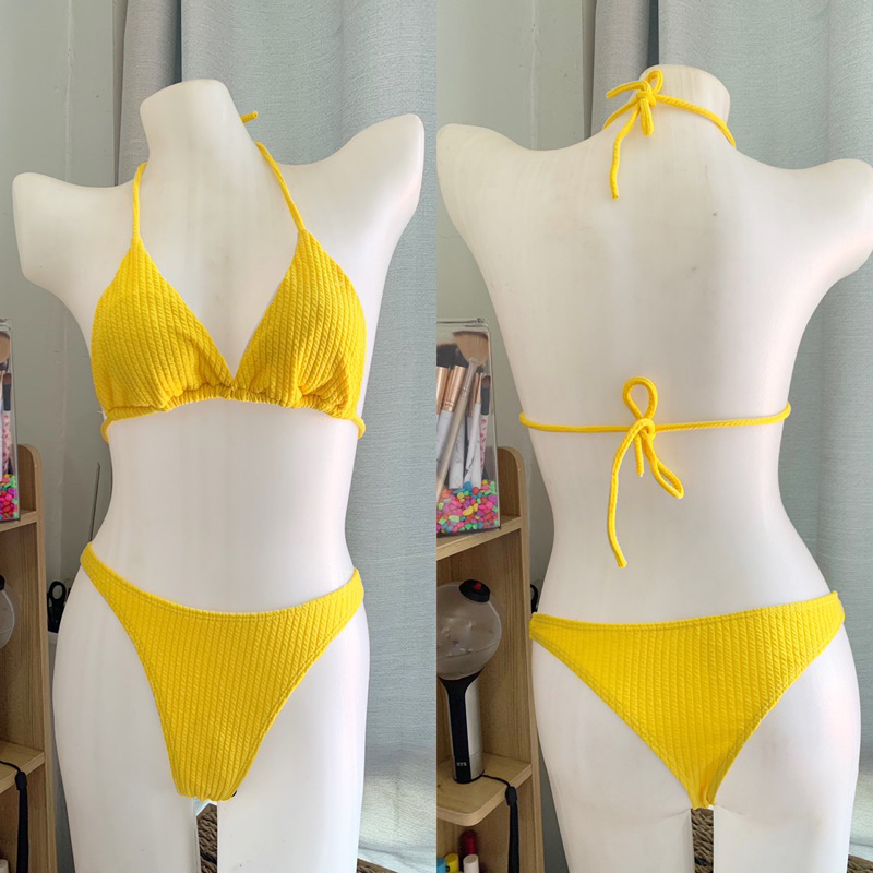 SHEIN Yellow Ribbed Textured Halter Swimsuit Bikini Shopee Philippines