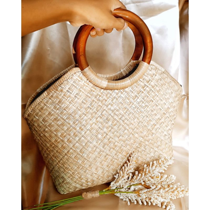 Pandan bag round handle FREE twilly native bag with zipper Shopee