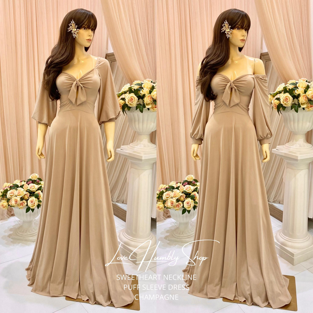 SWEETHEART NECKLINE PUFF SLEEVE DRESS BRIDEMAID WEDDING LONG DRESS | Shopee Philippines