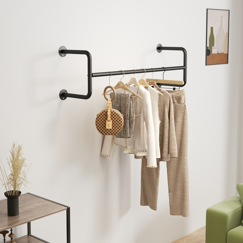 ATTICLIVING - Wall Mounted Clothes Hanging Organizer Rack Black Hanger ...