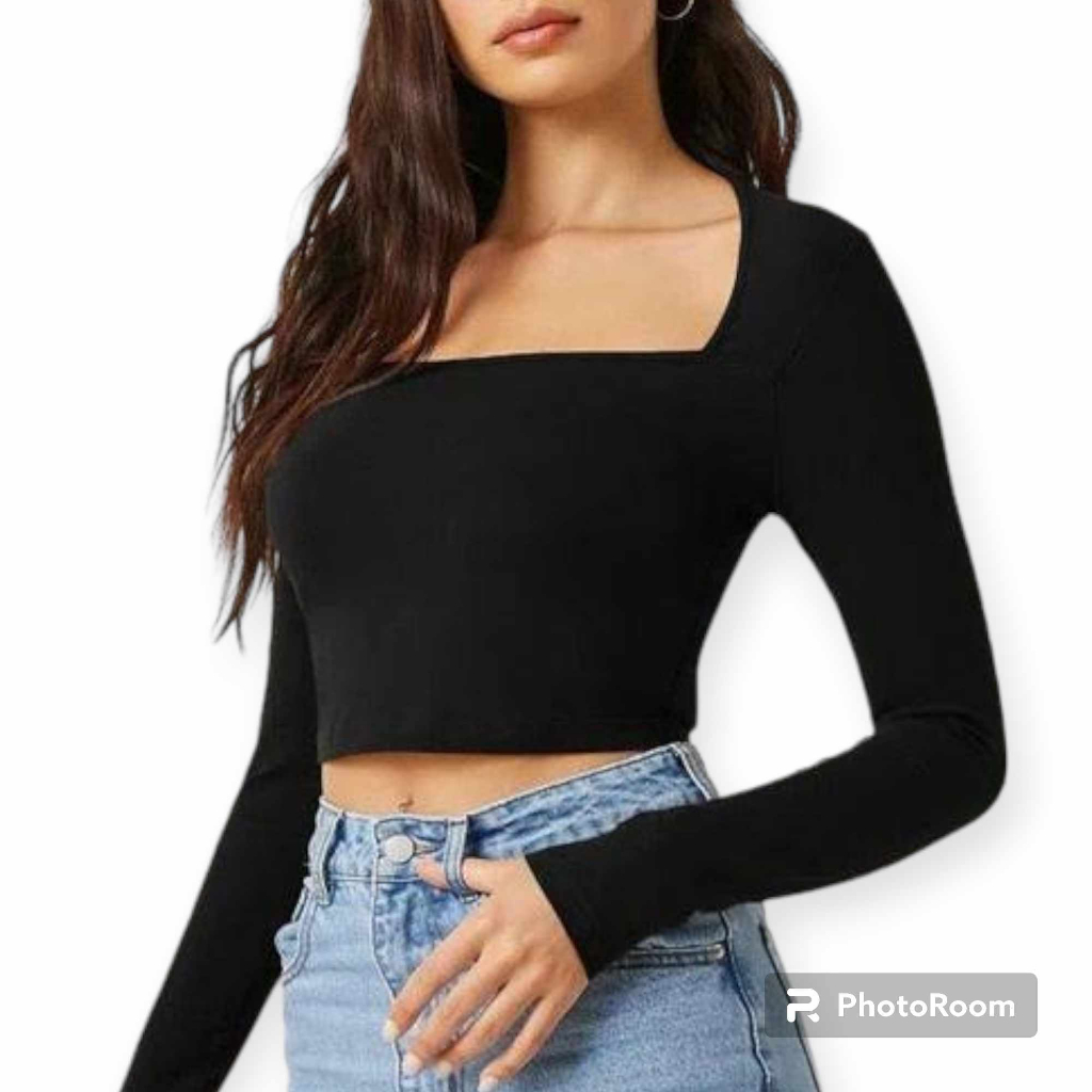 ZA RA SQUARE NECK LONG SLEEVE THICK KNITTED RIBBED BASIC CROPTOP FOR ...