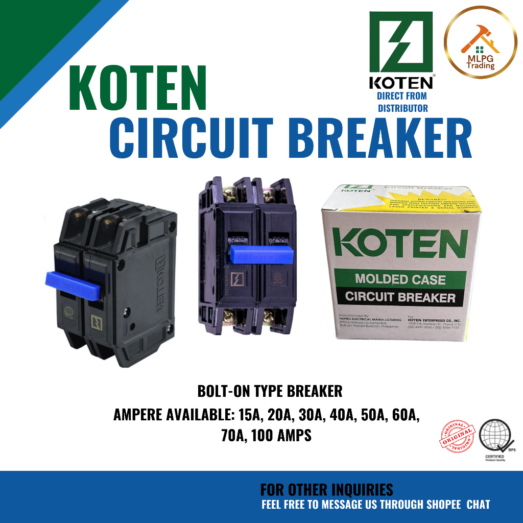 Koten Circuit Breakers 2 Pole (HPH) BOLT-ON 15A 20A 30A 40A 60A 70A ...