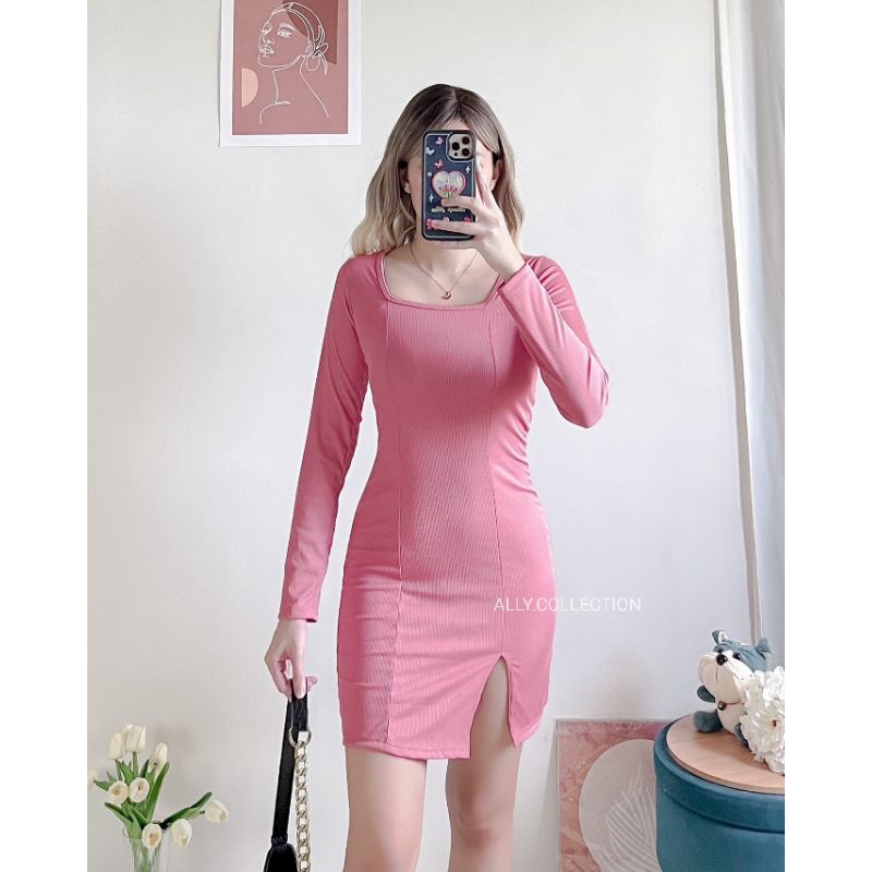 ASHLEY Square Neck Long Sleeves with Slit Mini Bodycon Dress Ally.Collection Shopee Philippines