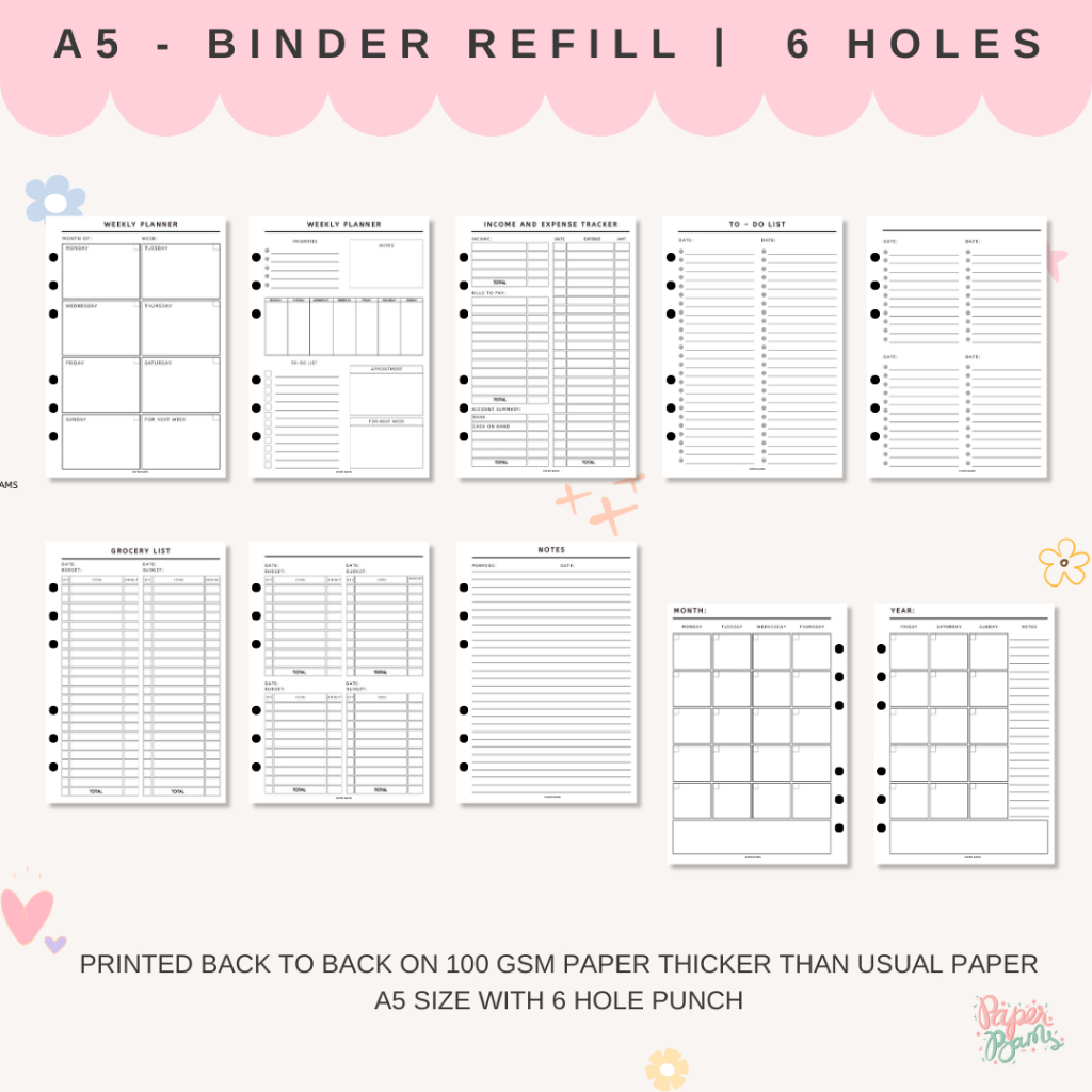 A5 Binder Refill Loose Leaf Binder inserts Planner Inserts Minimalist Bambi Creates Paper Bams