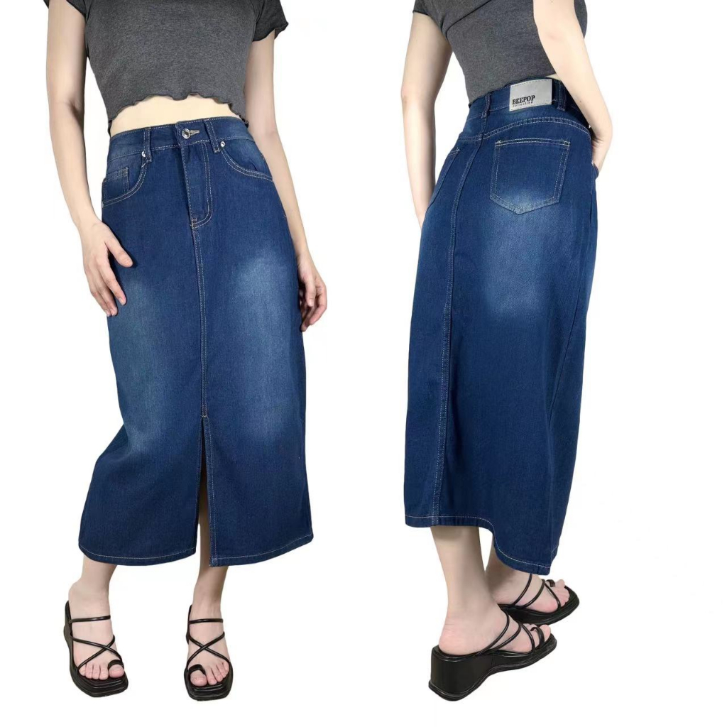 Y2K 90s Retro Maxi Denim Skirt Vintage Wash Maong Jeans Korean Style ...